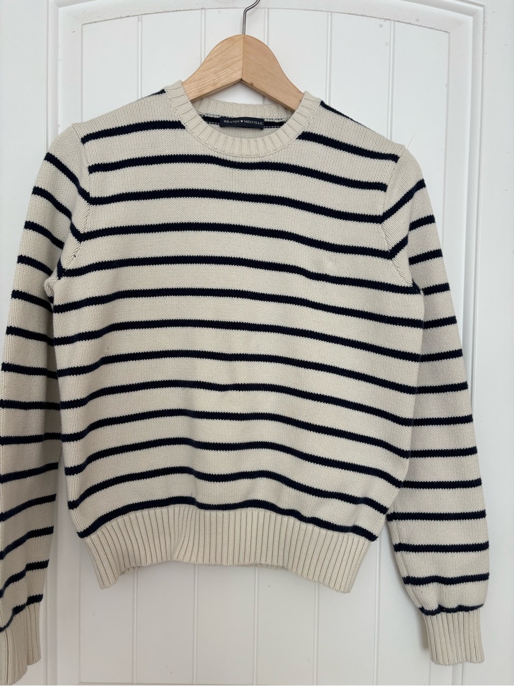 Brandy Melville Cream and Navy Striped Crewneck Sweater